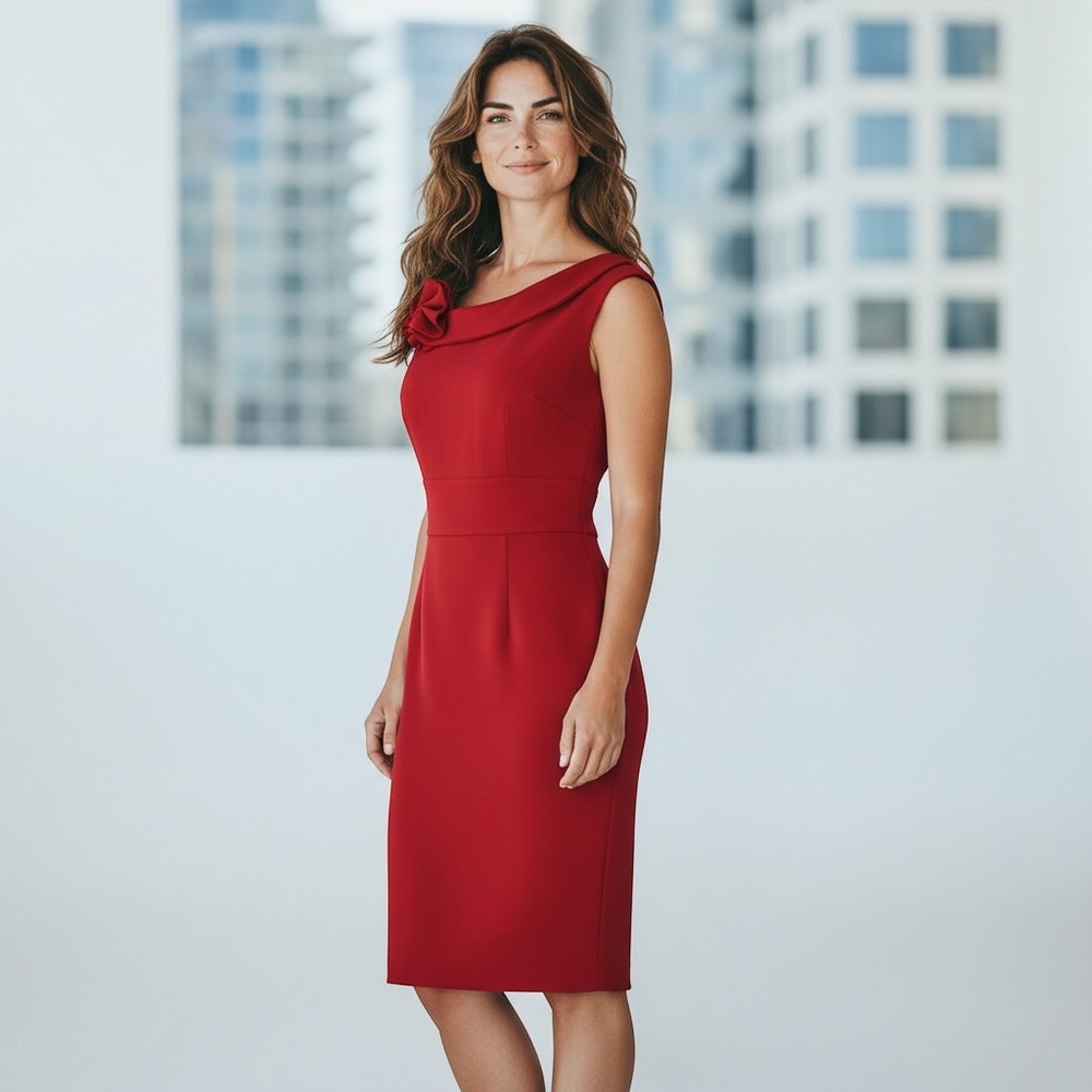 Calvin Klein Red Portrait Neck Rosette Sheath Dress Women 12 Sleeveless Cocktail